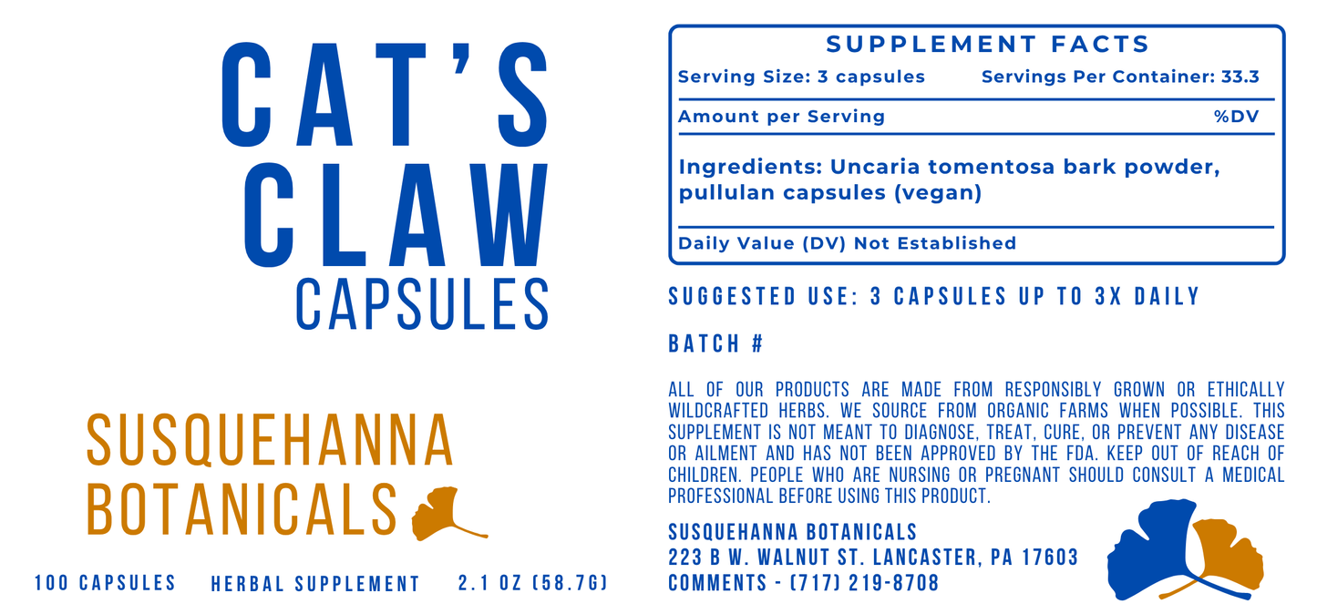 Cat's Claw Capsules | Hand Filled on GMP Equipment | Herbal Supplement | Uña de Gato